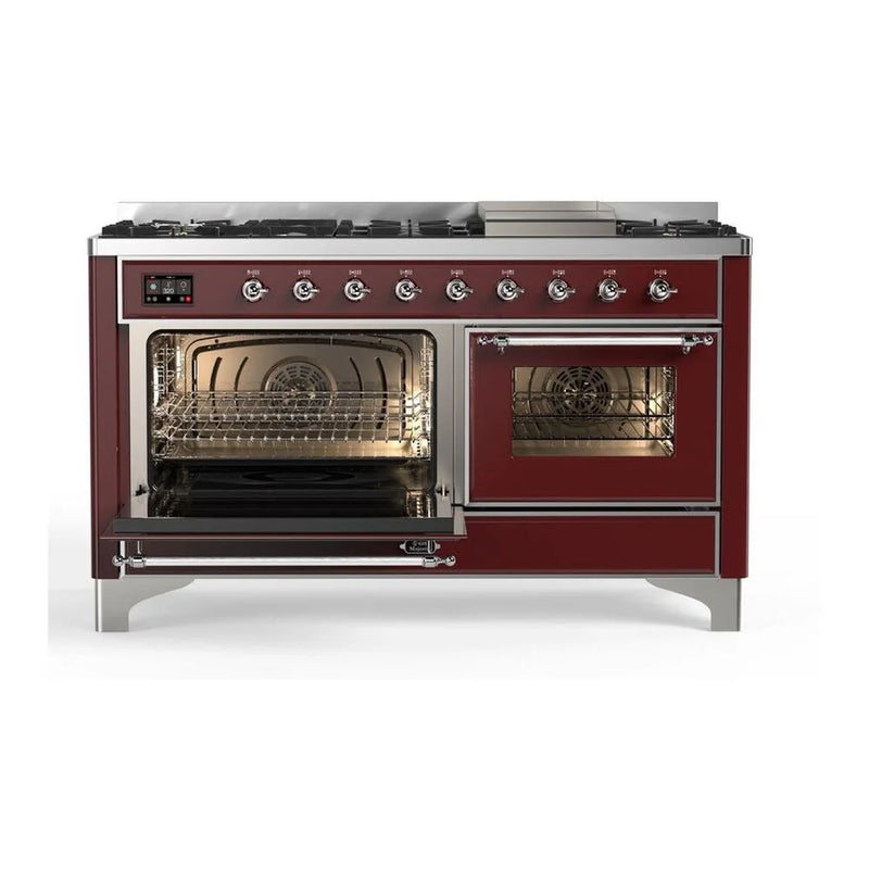 ILVE Majestic II 60" Dual Fuel Freestanding Range in Burgundy with Chrome Trim, UM15FDNS3BUC