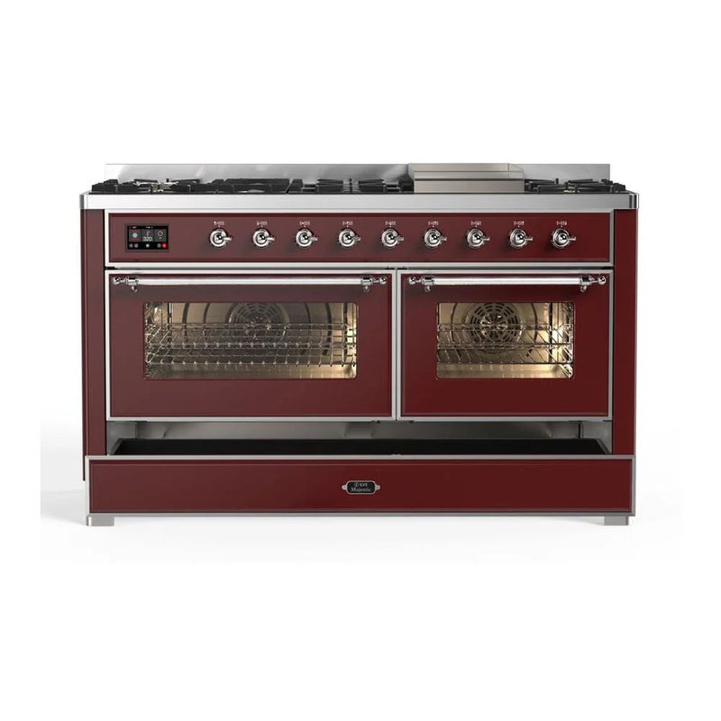 ILVE Majestic II 60" Dual Fuel Freestanding Range in Burgundy with Chrome Trim, UM15FDNS3BUC