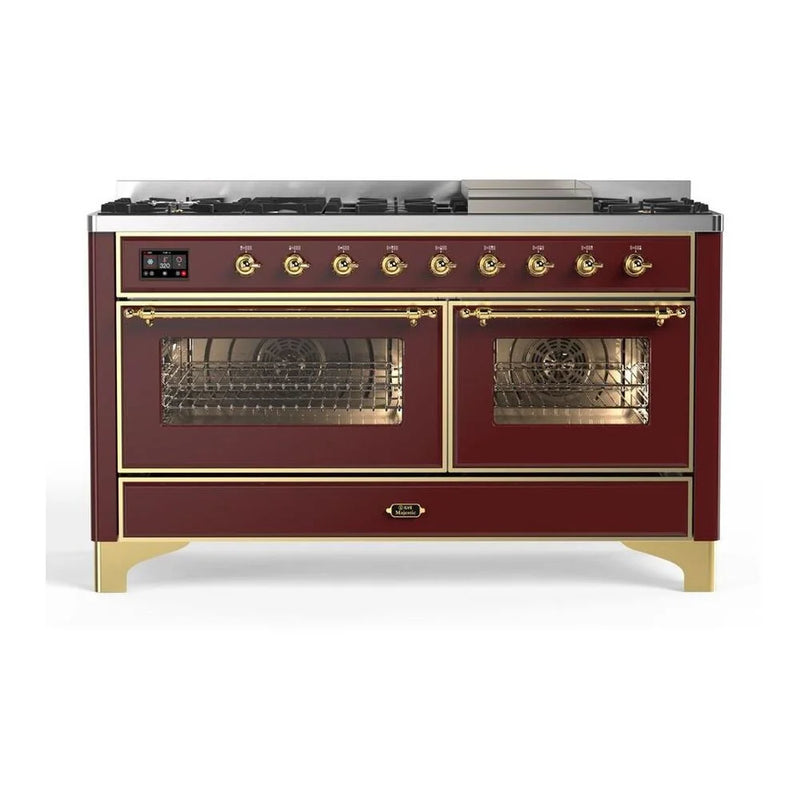 ILVE Majestic II 60" Dual Fuel Freestanding Range in Burgundy with Brass Trim, UM15FDNS3BUGLP