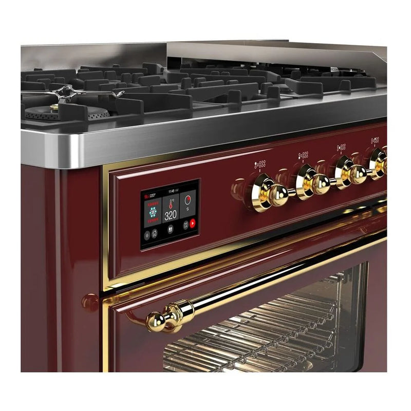 ILVE Majestic II 60" Dual Fuel Freestanding Range in Burgundy with Brass Trim, UM15FDNS3BUGLP