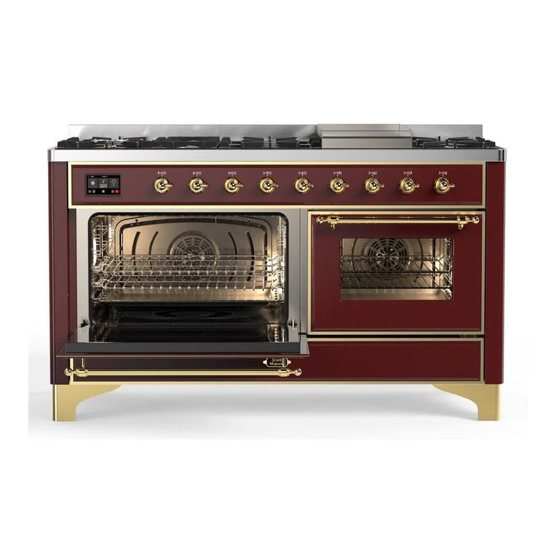ILVE Majestic II 60" Dual Fuel Freestanding Range in Burgundy with Brass Trim, UM15FDNS3BUGLP