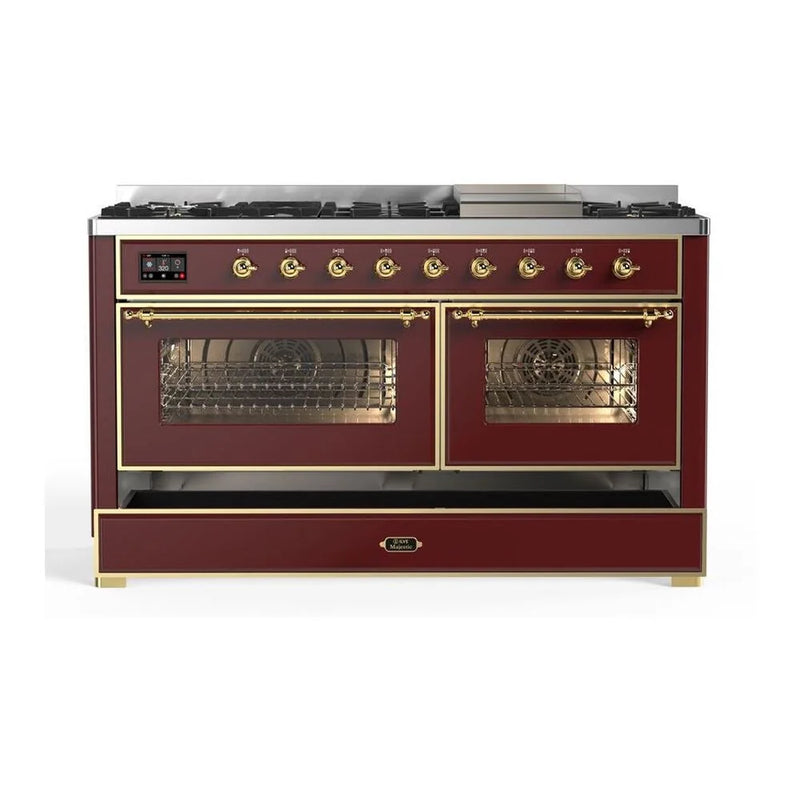 ILVE Majestic II 60" Dual Fuel Freestanding Range in Burgundy with Brass Trim, UM15FDNS3BUGLP