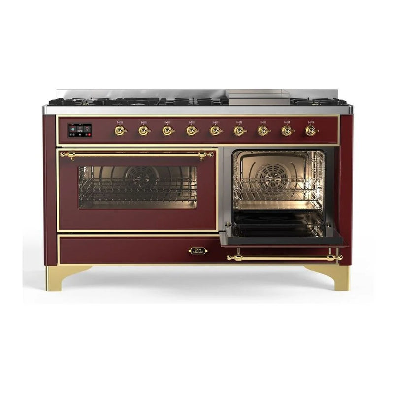 ILVE Majestic II 60" Dual Fuel Freestanding Range in Burgundy with Brass Trim, UM15FDNS3BUG