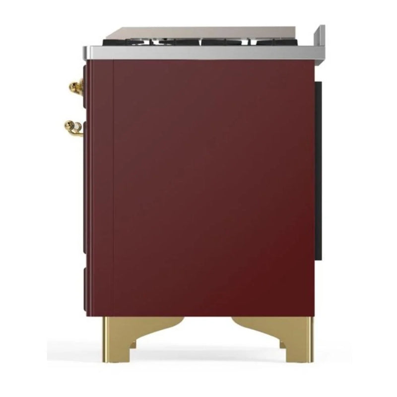 ILVE Majestic II 60" Dual Fuel Freestanding Range in Burgundy with Brass Trim, UM15FDNS3BUG