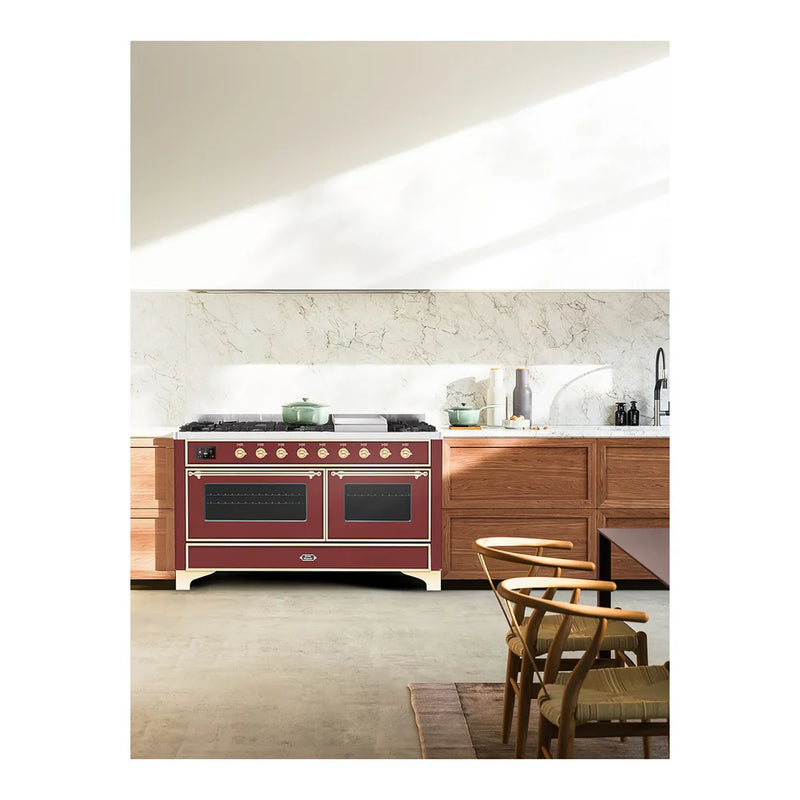 ILVE Majestic II 60" Dual Fuel Freestanding Range in Burgundy with Brass Trim, UM15FDNS3BUG