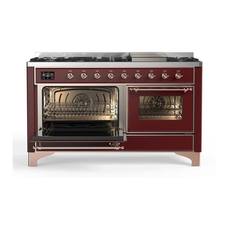 ILVE Majestic II 60" Dual Fuel Freestanding Range in Burgundy with Copper Trim, UM15FDNS3BUPLP