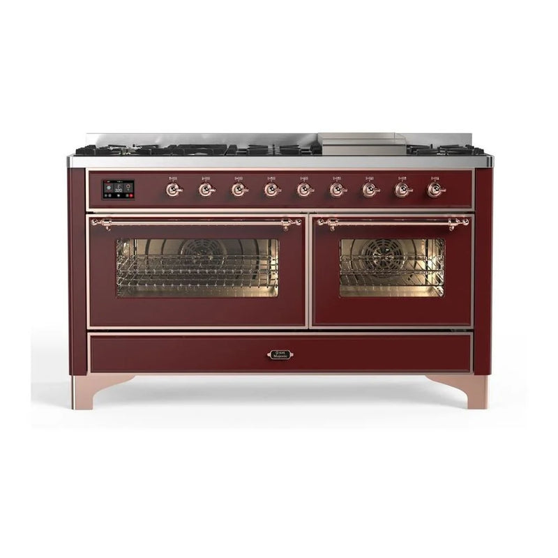 ILVE Majestic II 60" Dual Fuel Freestanding Range in Burgundy with Copper Trim, UM15FDNS3BUP