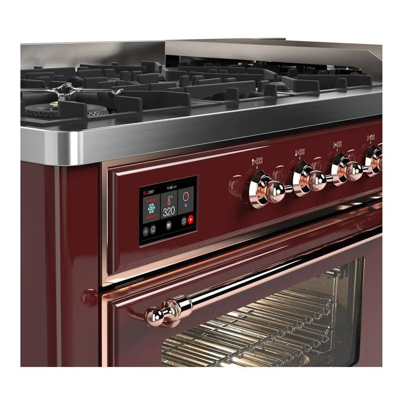 ILVE Majestic II 60" Dual Fuel Freestanding Range in Burgundy with Copper Trim, UM15FDNS3BUP