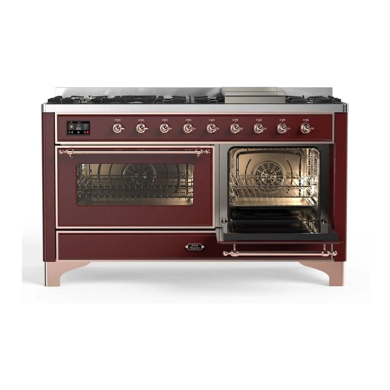 ILVE Majestic II 60" Dual Fuel Freestanding Range in Burgundy with Copper Trim, UM15FDNS3BUP