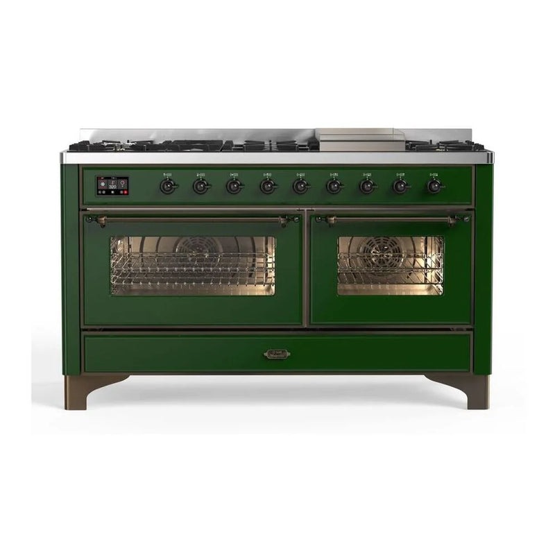 ILVE Majestic II 60" Dual Fuel Freestanding Range in Emerald Green with Burnished Trim, UM15FDNS3EGB