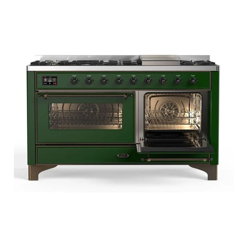 ILVE Majestic II 60" Dual Fuel Freestanding Range in Emerald Green with Burnished Trim, UM15FDNS3EGB