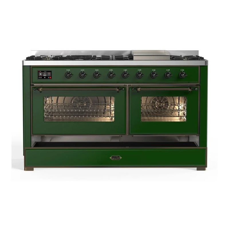 ILVE Majestic II 60" Dual Fuel Freestanding Range in Emerald Green with Burnished Trim, UM15FDNS3EGB