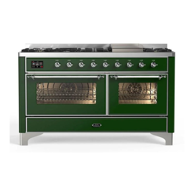 ILVE Majestic II 60" Dual Fuel Freestanding Range in Emerald Green with Chrome Trim, UM15FDNS3EGCLP