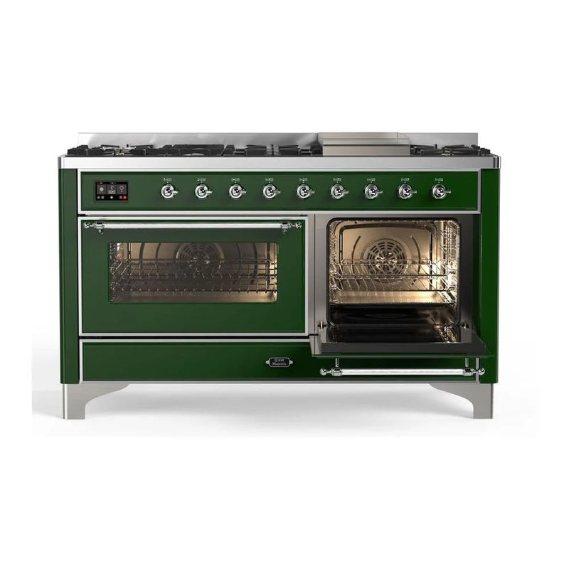 ILVE Majestic II 60" Dual Fuel Freestanding Range in Emerald Green with Chrome Trim, UM15FDNS3EGCLP