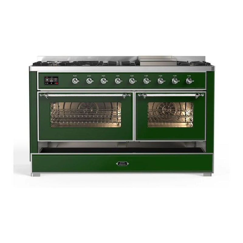 ILVE Majestic II 60" Dual Fuel Freestanding Range in Emerald Green with Chrome Trim, UM15FDNS3EGCLP