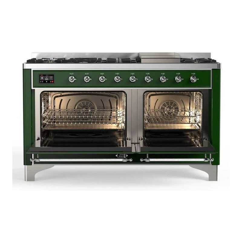 ILVE Majestic II 60" Dual Fuel Freestanding Range in Emerald Green with Chrome Trim, UM15FDNS3EGC
