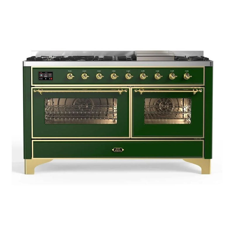 ILVE Majestic II 60" Dual Fuel Freestanding Range in Emerald Green with Brass Trim, UM15FDNS3EGGLP
