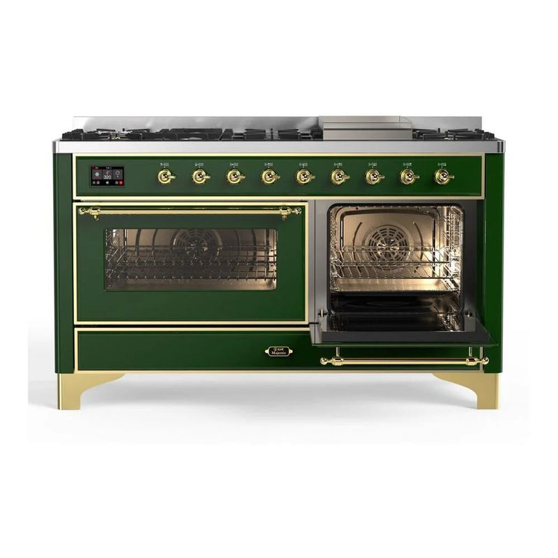 ILVE Majestic II 60" Dual Fuel Freestanding Range in Emerald Green with Brass Trim, UM15FDNS3EGGLP
