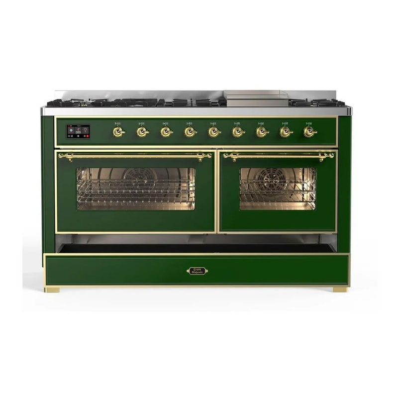 ILVE Majestic II 60" Dual Fuel Freestanding Range in Emerald Green with Brass Trim, UM15FDNS3EGGLP