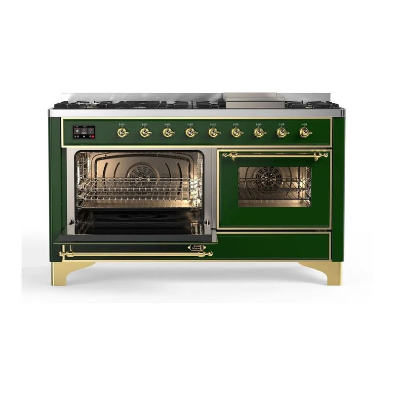 ILVE Majestic II 60" Dual Fuel Freestanding Range in Emerald Green with Brass Trim, UM15FDNS3EGG