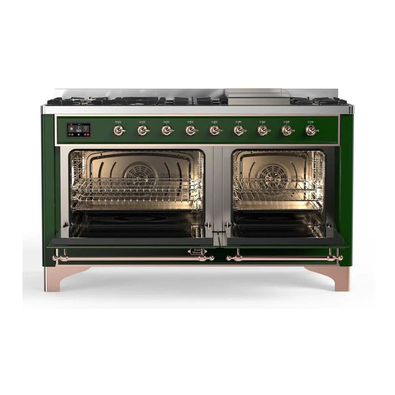 ILVE Majestic II 60" Dual Fuel Freestanding Range in Emerald Green with Copper Trim, UM15FDNS3EGPLP