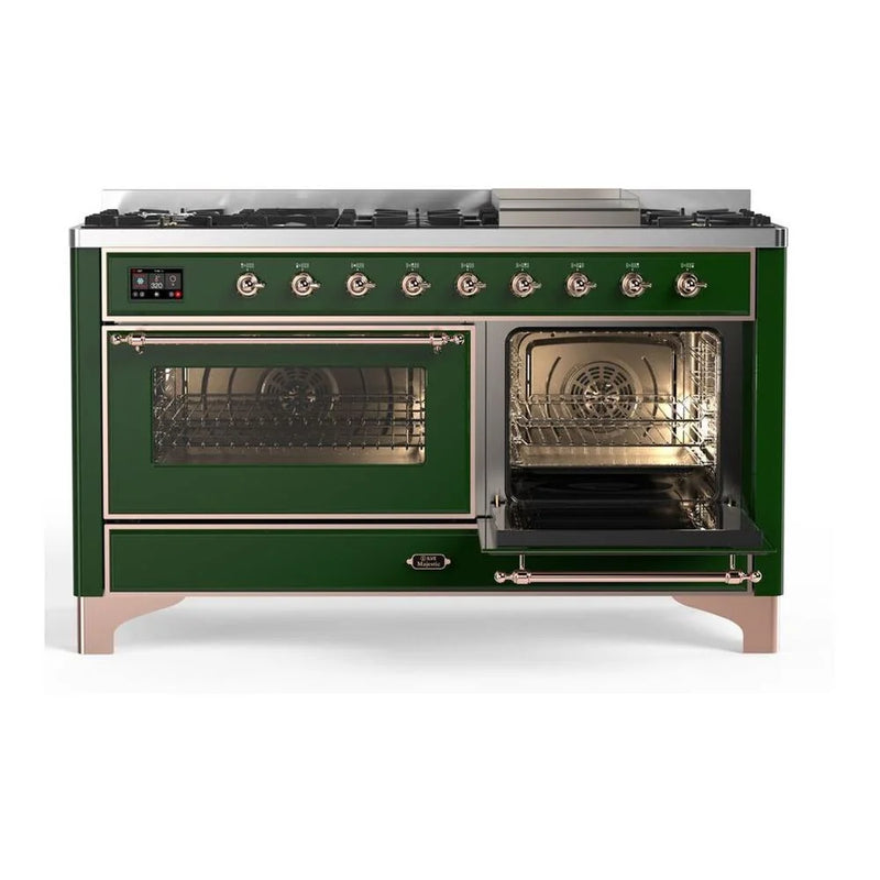ILVE Majestic II 60" Dual Fuel Freestanding Range in Emerald Green with Copper Trim, UM15FDNS3EGPLP