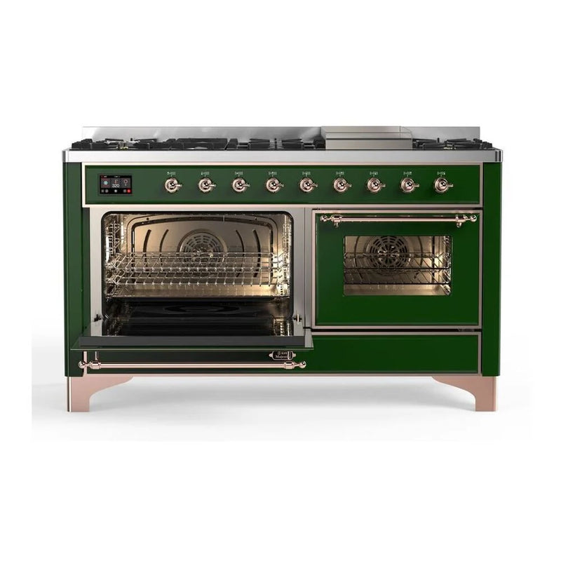 ILVE Majestic II 60" Dual Fuel Freestanding Range in Emerald Green with Copper Trim, UM15FDNS3EGPLP