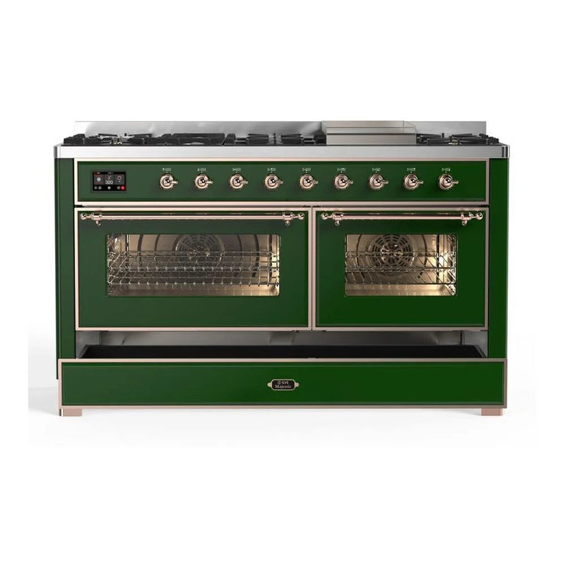 ILVE Majestic II 60" Dual Fuel Freestanding Range in Emerald Green with Copper Trim, UM15FDNS3EGPLP