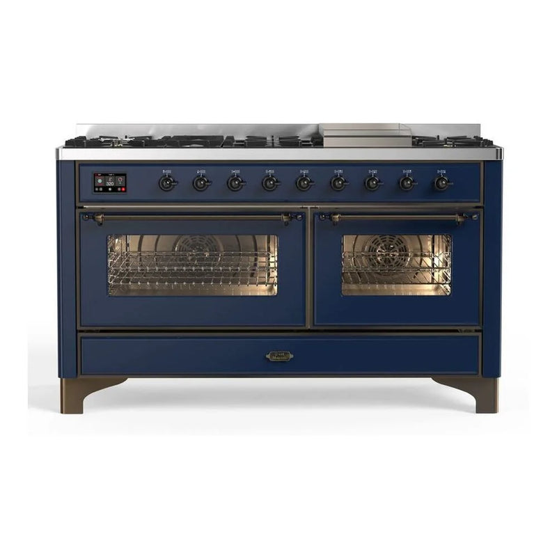 ILVE Majestic II 60" Dual Fuel Freestanding Range in Midnight Blue with Burnished Trim, UM15FDNS3MBB