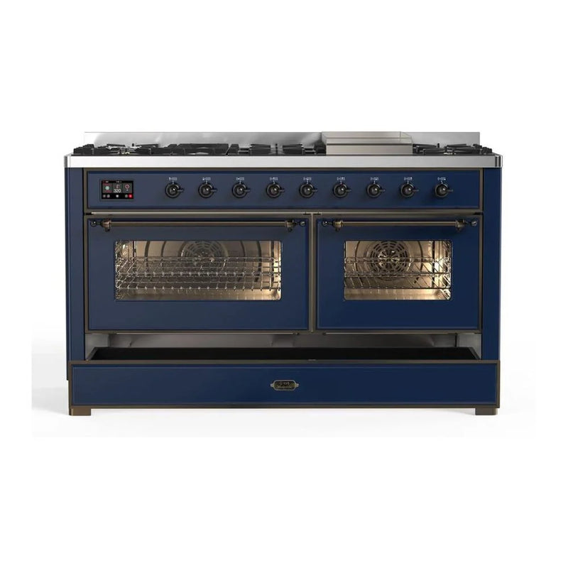 ILVE Majestic II 60" Dual Fuel Freestanding Range in Midnight Blue with Burnished Trim, UM15FDNS3MBB