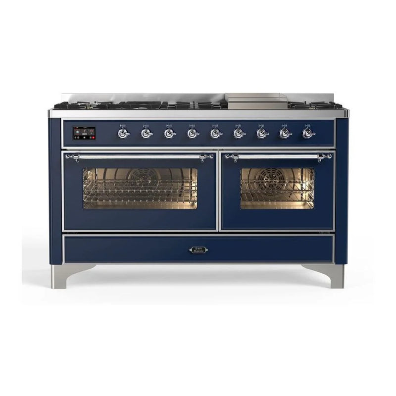 ILVE Majestic II 60" Dual Fuel Freestanding Range in Midnight Blue with Chrome Trim, UM15FDNS3MBCLP