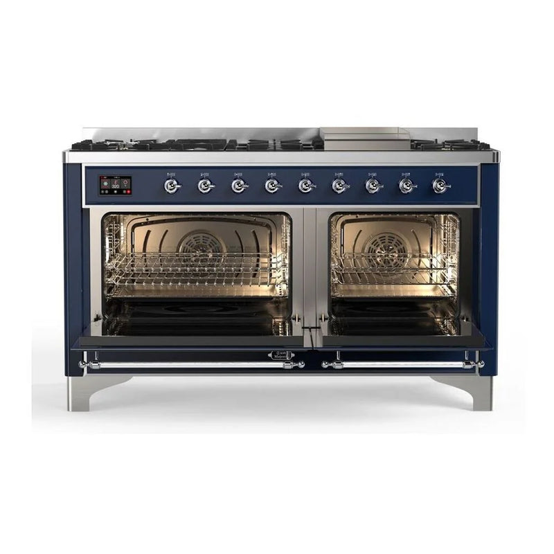 ILVE Majestic II 60" Dual Fuel Freestanding Range in Midnight Blue with Chrome Trim, UM15FDNS3MBCLP