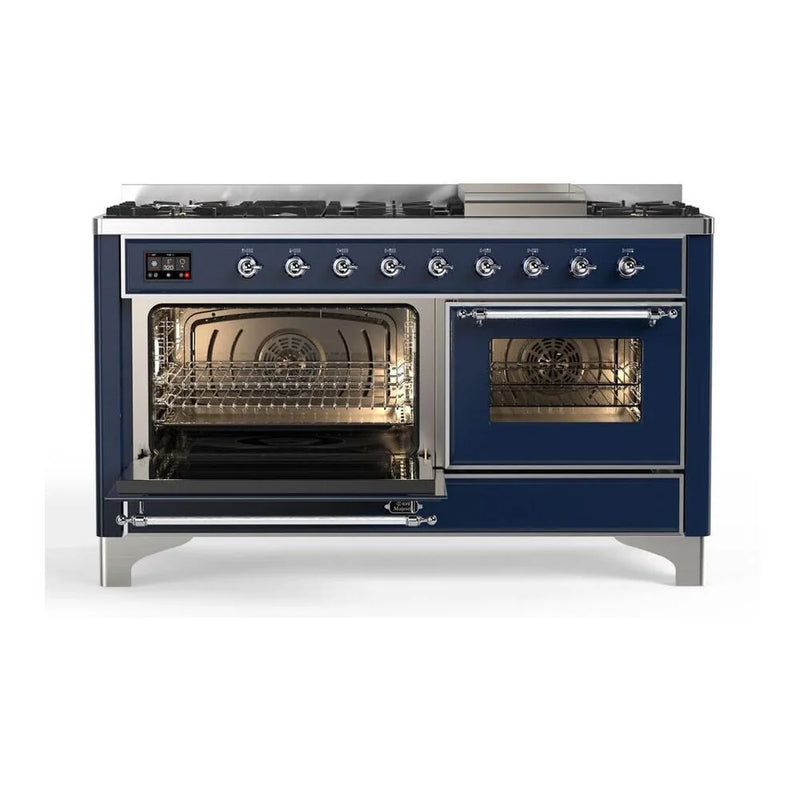 ILVE Majestic II 60" Dual Fuel Freestanding Range in Midnight Blue with Chrome Trim, UM15FDNS3MBCLP