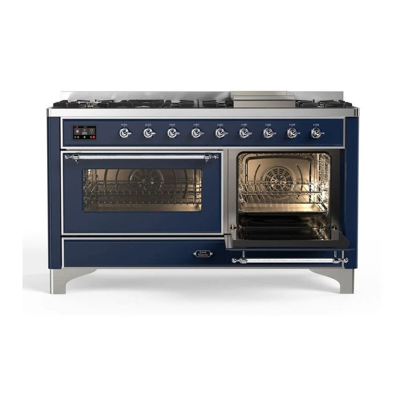 ILVE Majestic II 60" Dual Fuel Freestanding Range in Midnight Blue with Chrome Trim, UM15FDNS3MBCLP