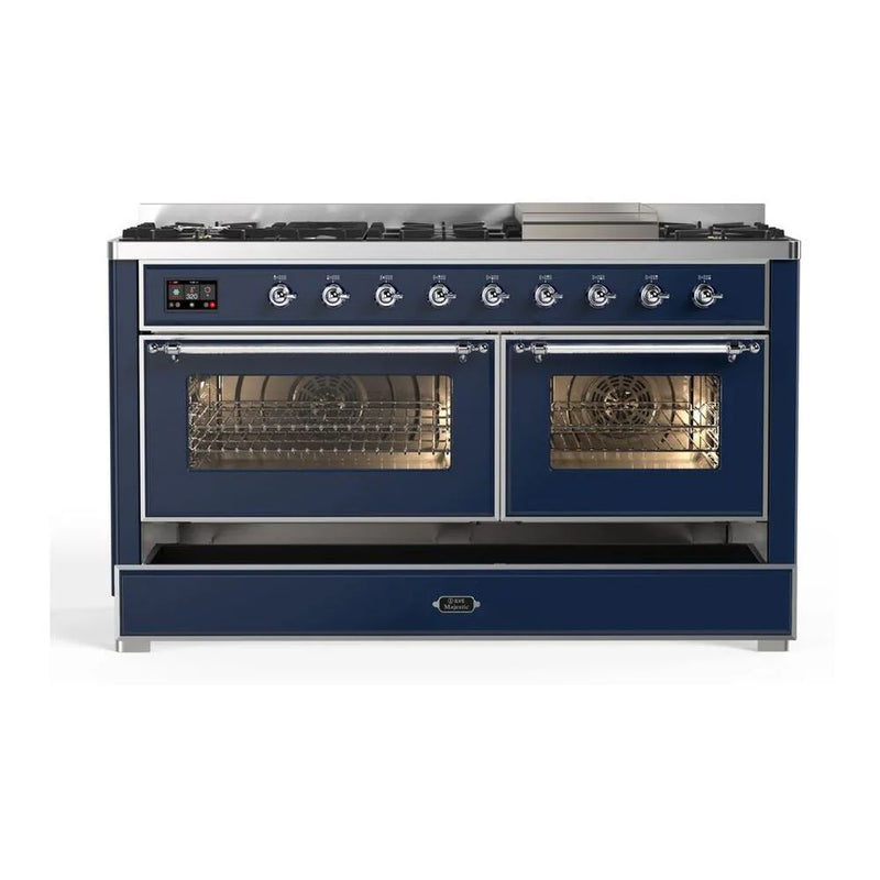 ILVE Majestic II 60" Dual Fuel Freestanding Range in Midnight Blue with Chrome Trim, UM15FDNS3MBCLP
