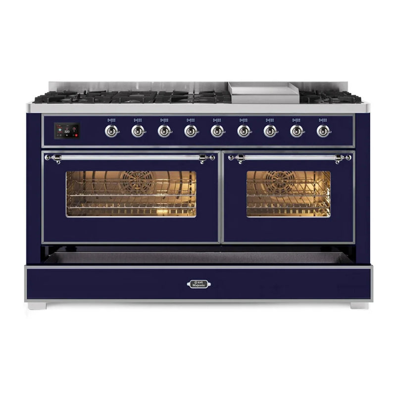 ILVE Majestic II 60" Dual Fuel Freestanding Range in Midnight Blue with Chrome Trim, UM15FDNS3MBC