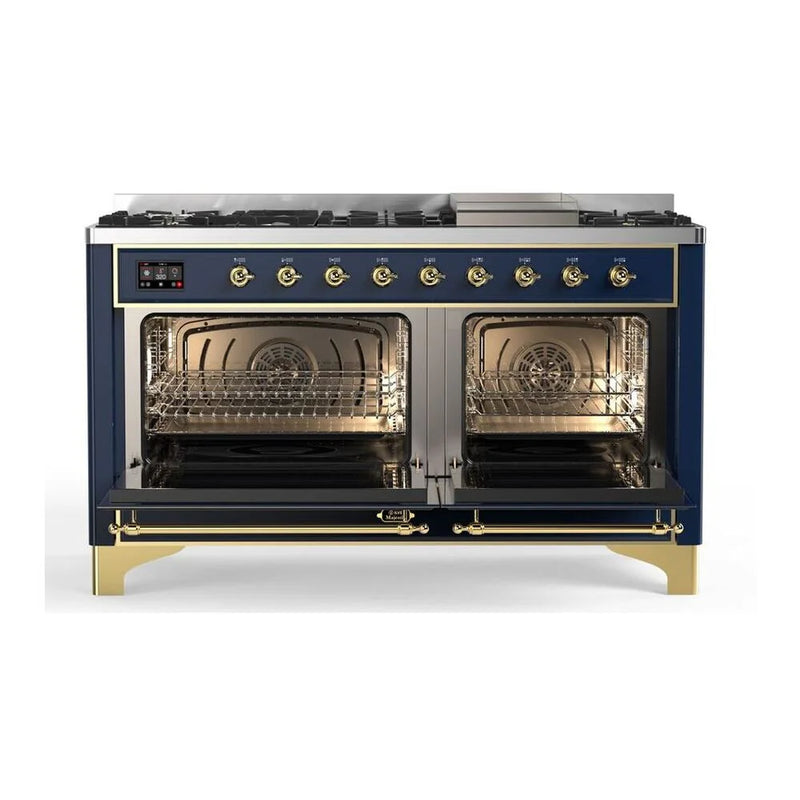 ILVE Majestic II 60" Dual Fuel Freestanding Range in Midnight Blue with Brass Trim, UM15FDNS3MBGLP