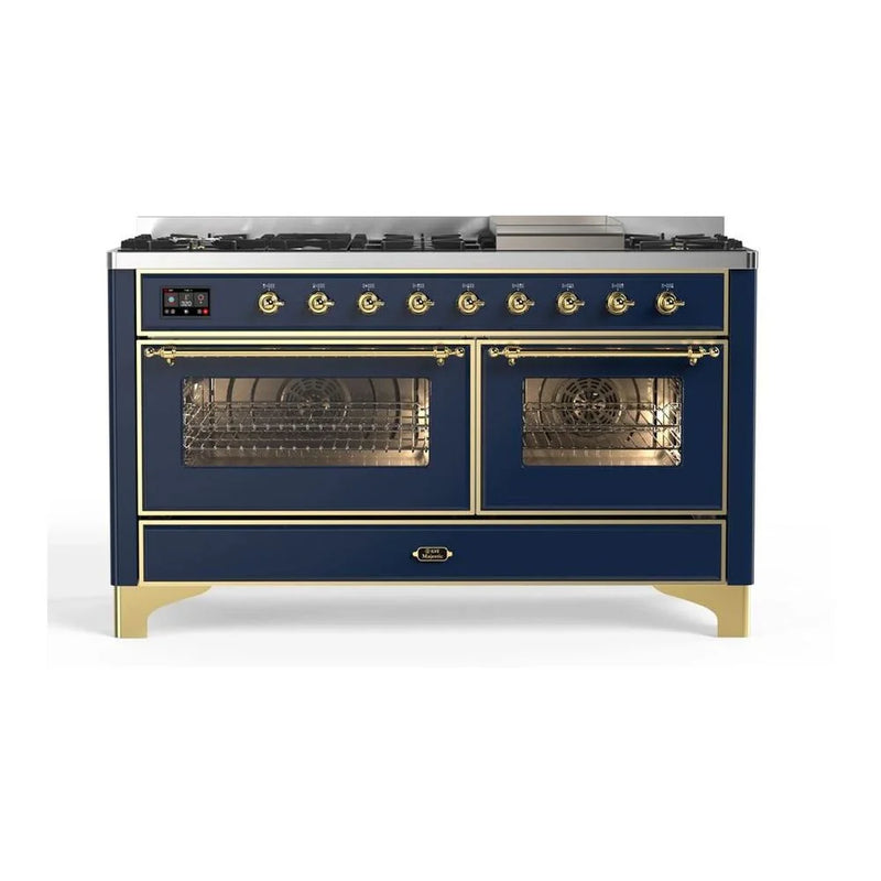 ILVE Majestic II 60" Dual Fuel Freestanding Range in Midnight Blue with Brass Trim, UM15FDNS3MBG
