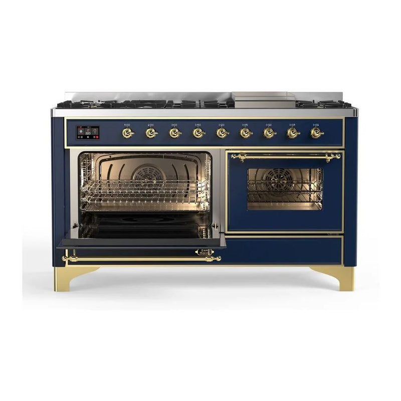 ILVE Majestic II 60" Dual Fuel Freestanding Range in Midnight Blue with Brass Trim, UM15FDNS3MBG