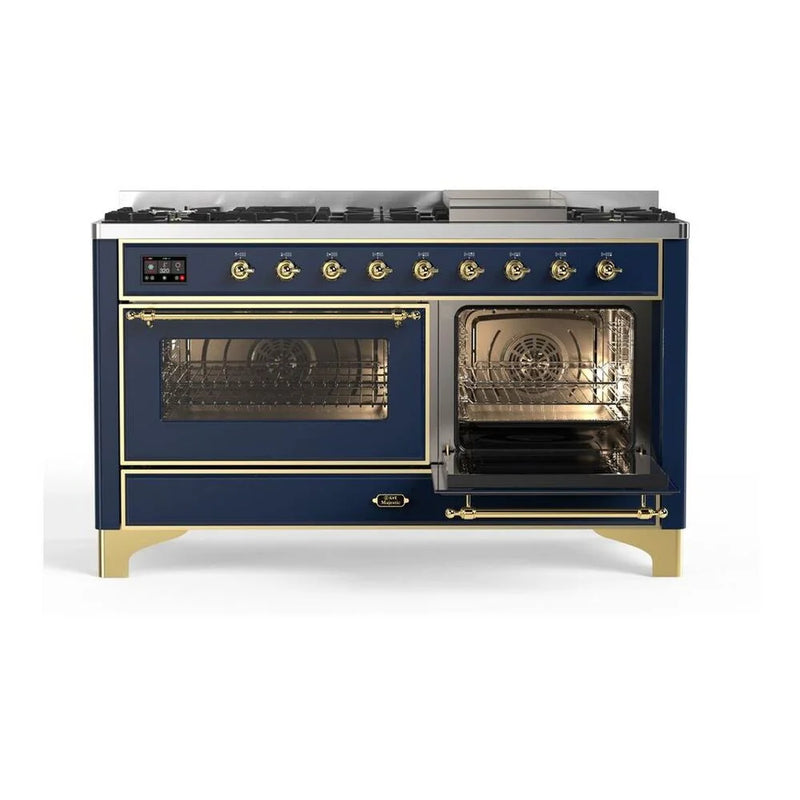 ILVE Majestic II 60" Dual Fuel Freestanding Range in Midnight Blue with Brass Trim, UM15FDNS3MBG