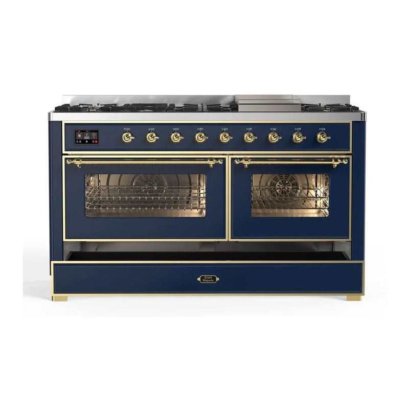 ILVE Majestic II 60" Dual Fuel Freestanding Range in Midnight Blue with Brass Trim, UM15FDNS3MBG
