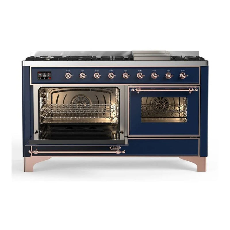 ILVE Majestic II 60" Dual Fuel Freestanding Range in Midnight Blue with Copper Trim, UM15FDNS3MBPLP