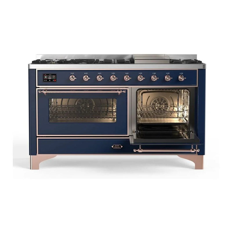 ILVE Majestic II 60" Dual Fuel Freestanding Range in Midnight Blue with Copper Trim, UM15FDNS3MBPLP