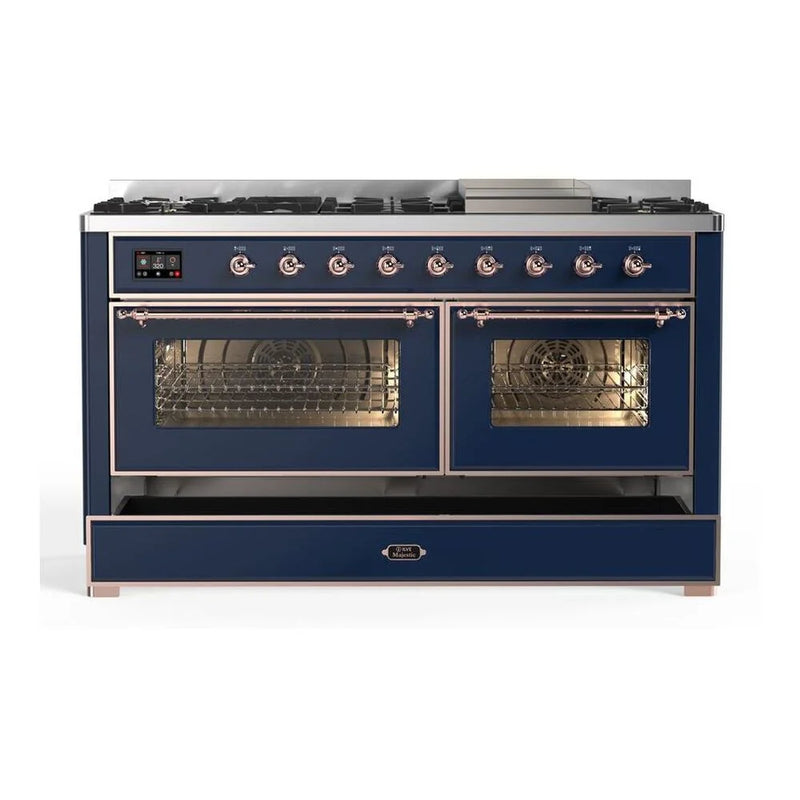 ILVE Majestic II 60" Dual Fuel Freestanding Range in Midnight Blue with Copper Trim, UM15FDNS3MBPLP