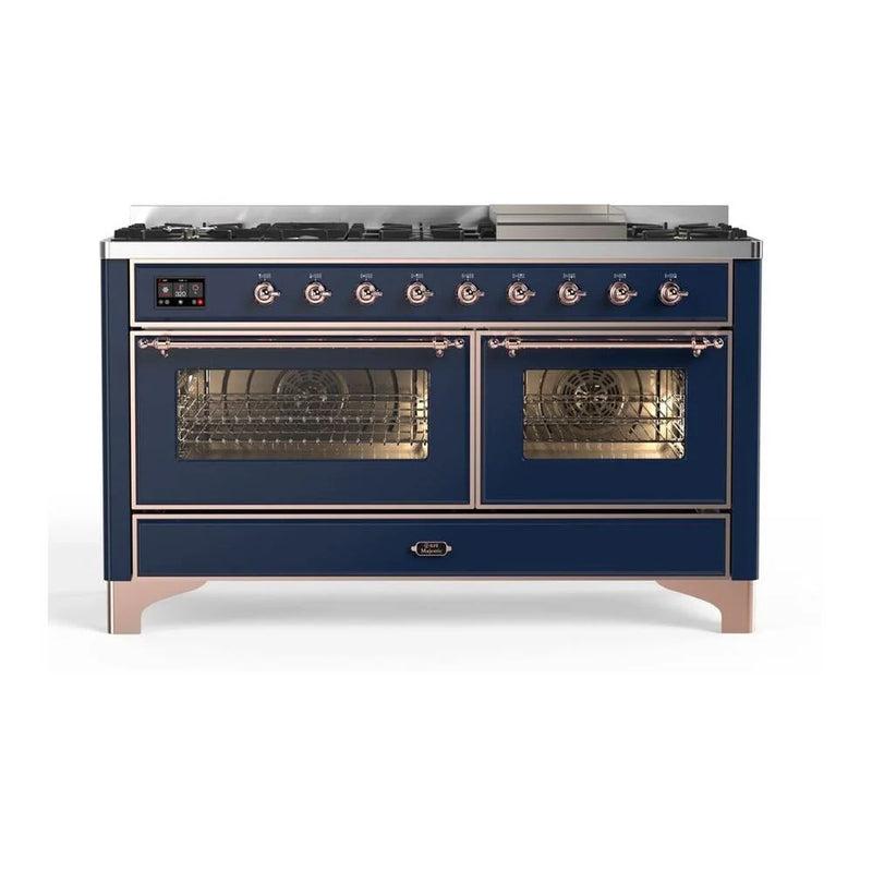 ILVE Majestic II 60" Dual Fuel Freestanding Range in Midnight Blue with Copper Trim, UM15FDNS3MBP