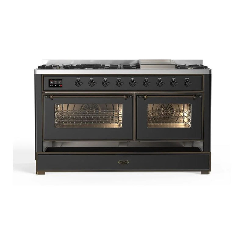 ILVE Majestic II 60" Dual Fuel Freestanding Range in Graphite Matte with Burnished Trim, UM15FDNS3MGBLP