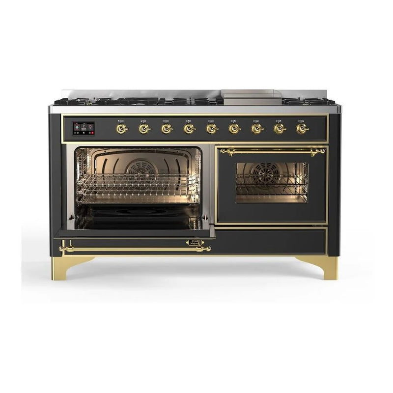 ILVE Majestic II 60" Dual Fuel Freestanding Range in Graphite Matte with Brass Trim, UM15FDNS3MGGLP