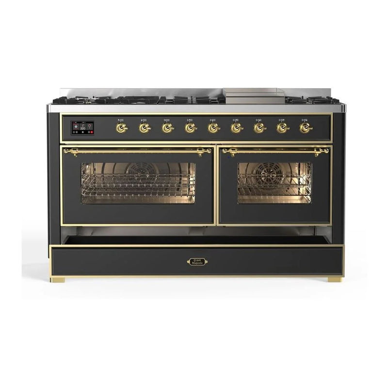 ILVE Majestic II 60" Dual Fuel Freestanding Range in Graphite Matte with Brass Trim, UM15FDNS3MGG