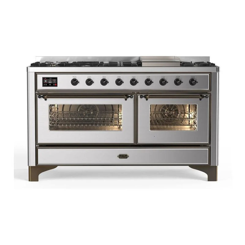 ILVE Majestic II 60" Dual Fuel Freestanding Range in Stainless Steel with Burnished Trim, UM15FDNS3SSB