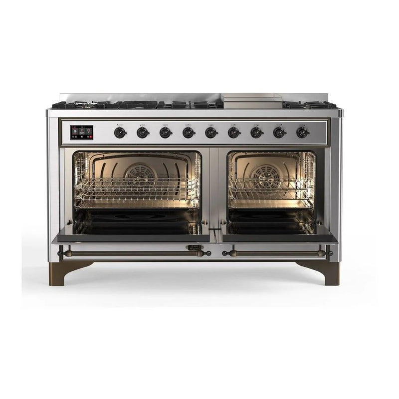 ILVE Majestic II 60" Dual Fuel Freestanding Range in Stainless Steel with Burnished Trim, UM15FDNS3SSB